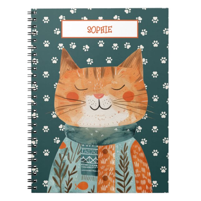 Cute Cat Paw Pattern on Emerald Green Custom Name Notebook (Front)