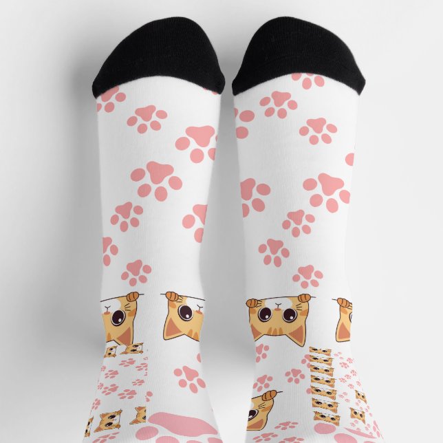 Cute Cat & Paw Print Socks,Crew Socks (Top)