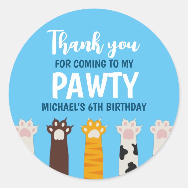 Cute Cat Paws Pawty Animals Kids Birthday Party Classic Round Sticker (Front)