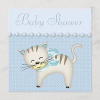 Cute Cat, Pearls & Hearts Blue Baby Boy Shower