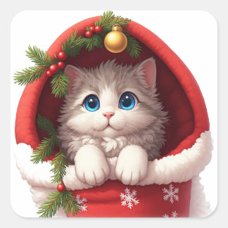 🎅 Cute Cat Peeking From Holiday Stocking 🐾 Square Sticker