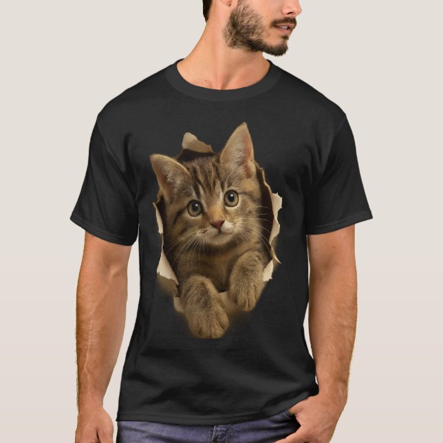 Cute Cat Peeking Through Paper Design T-Shirt (Front)