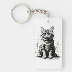 Cute Cat Pencil Sketch Key Ring