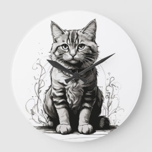 Cute Cat Pencil Sketch Large Clock