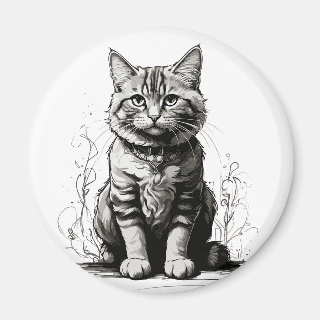 Cute Cat Pencil Sketch Magnet (Front)