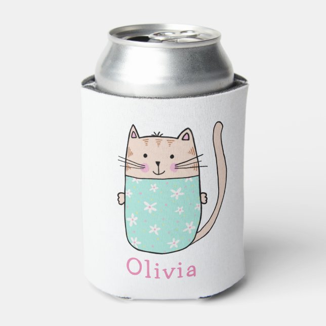 Cute Cat Personalised Custom Name Can Cooler (Can Front)