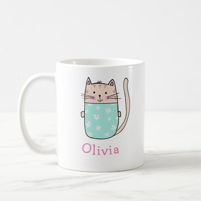 Cute Cat Personalised Custom Name Coffee Mug (Left)