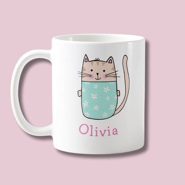 Cute Cat Personalised Custom Name Coffee Mug (Kitty Cat personalized mug)