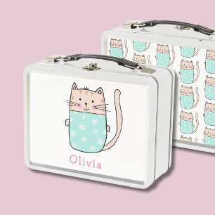 Cute Cat Personalised Custom Name Metal Lunch Box