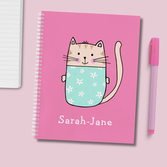 Cute Cat Personalised Custom Name Pink Notebook (Cute kitty cat personalised notebook)
