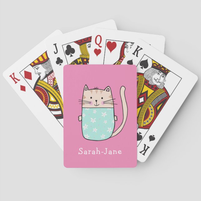 Cute Cat Personalised Custom Name Pink Playing Cards (Back)