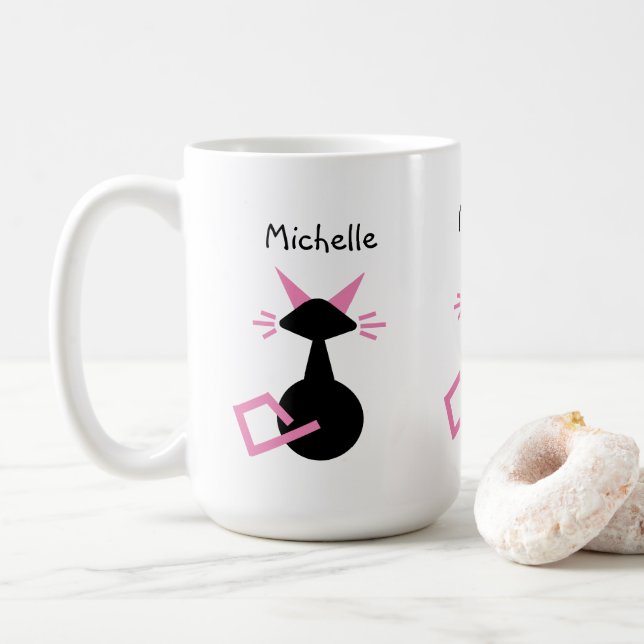 Cute Cat Personalised Name Pink Kitty Black Cat Coffee Mug (With Donut)