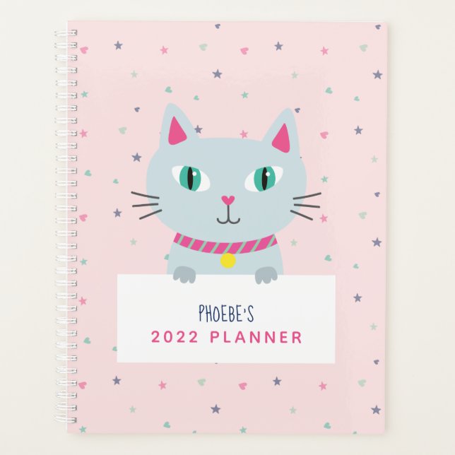 Cute Cat Personalised Name Pink Planner (Front)