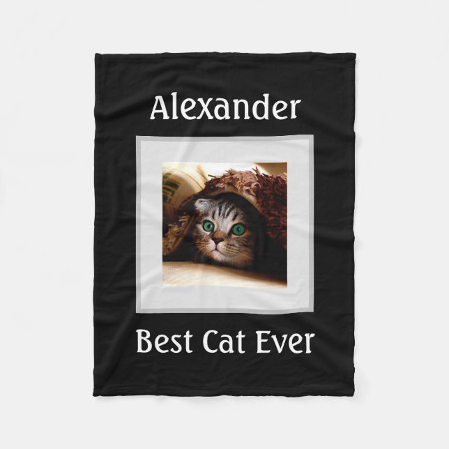 Cute Cat Personalised Pet Photo Name Custom Fleece Blanket (Front)