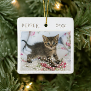 Cute Cat Pet 2 Photos Star Pattern Christmas Ceramic Ornament