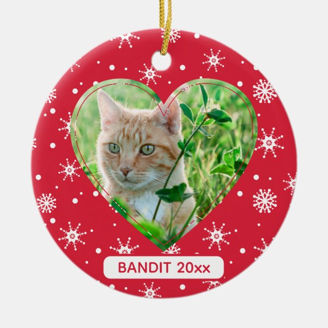 Cute Cat Pet Photo Snowflake Red Christmas Ceramic Tree Decoration (Front)
