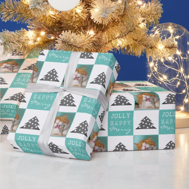 Cute Cat Pet Typography Christmas Tree Photo Wrapping Paper (Holidays)
