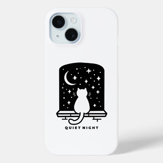 Cute Cat Phone Case Aesthetic Minimal Night Design (Back)