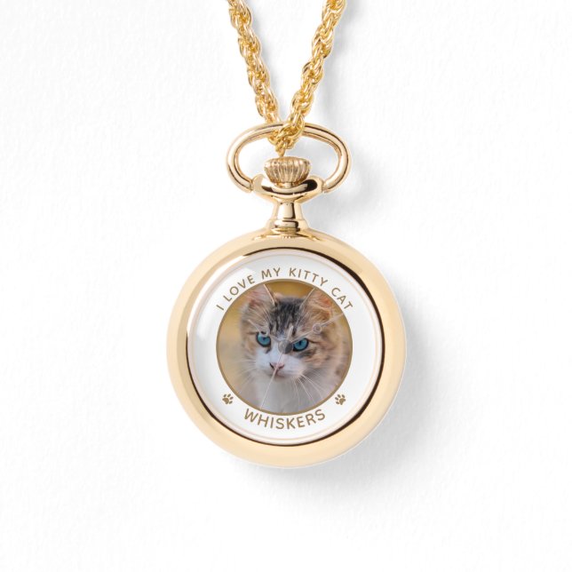 Cute Cat Photo Gold Name Paw Prints Personalised Watch (Front)