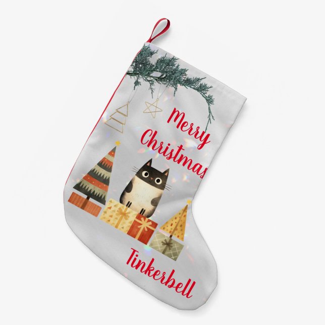 Cute Cat Photo Monogram Typography Christmas Fun Small Christmas Stocking (Front (Hanging))