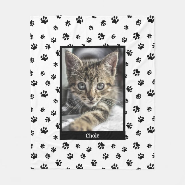 Cute Cat Photo Name Black Paw Prints Pattern Fleece Blanket (Front)