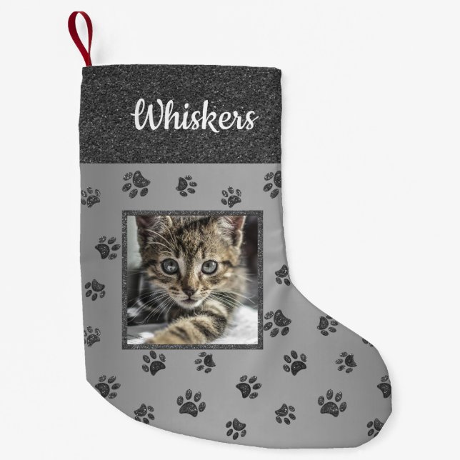 Cute Cat Photo Name Silver Glitter Paw Prints Small Christmas Stocking (Front)