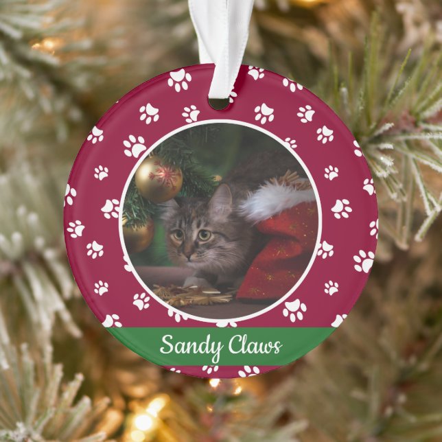 Cute Cat Photo Name Year Red and White Paw Prints Ornament (Tree)