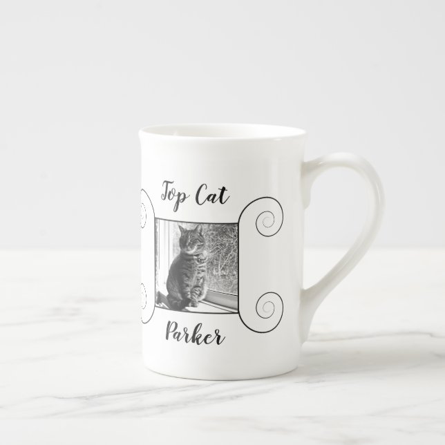 Cute cat photo with hand drawn frame and your text bone china mug (Right)