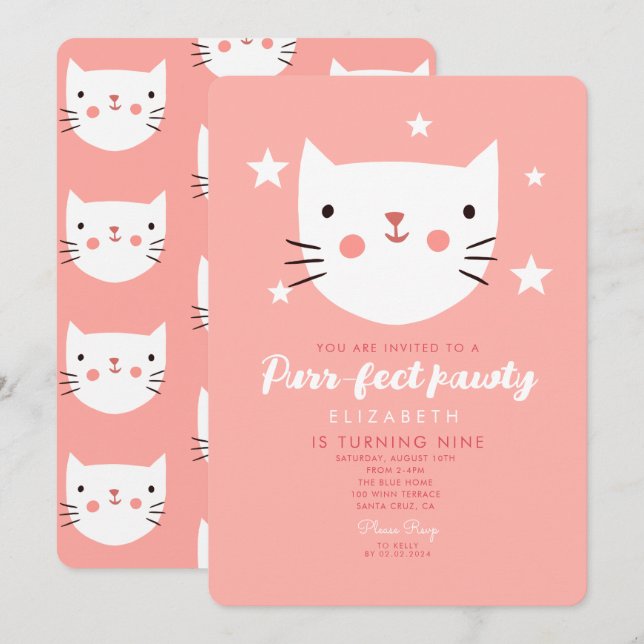 Cute Cat Pink Birthday Party  Invitation (Front/Back)