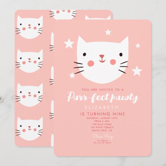 Cute Cat Pink Birthday Party  Invitation (Front/Back)