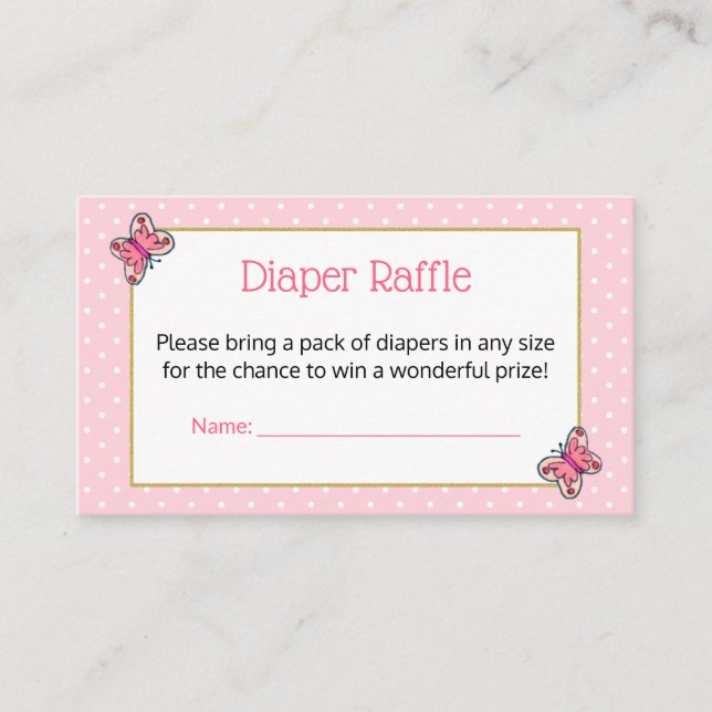 Cute Cat Pink Butterfly Dots Diaper Raffle Ticket Enclosure Card (Front)