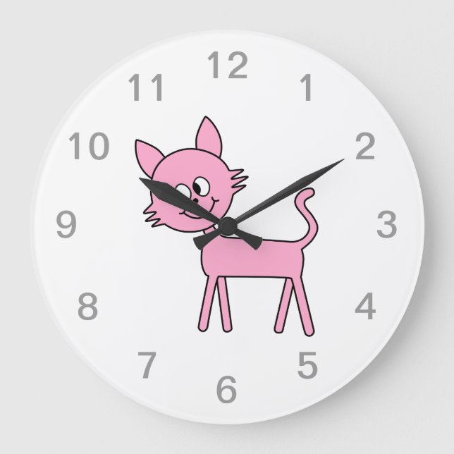Cute Cat. Pink Cat Walking. Large Clock (Front)