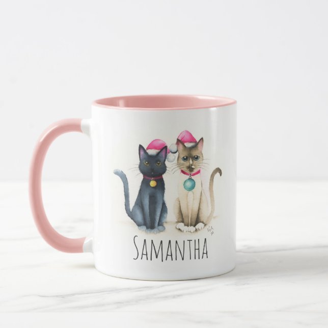 Cute Cat Pink Christmas Coffee Mugs (Left)