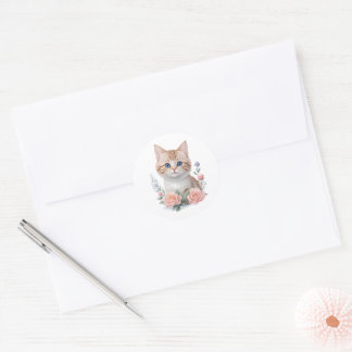 Cute Cat Pink Floral  Classic Round Sticker