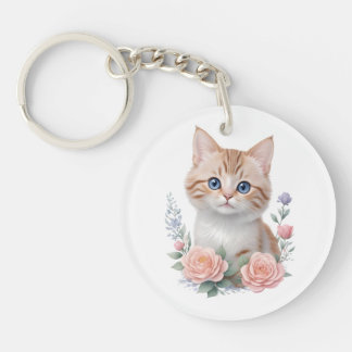 Cute Cat Pink Floral Key Ring