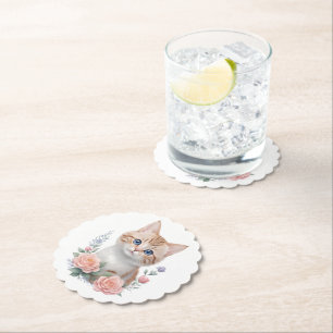 Cute Cat Pink Floral  Paper Coaster