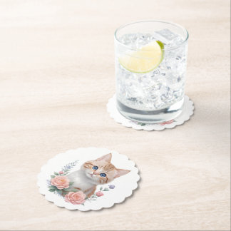 Cute Cat Pink Floral  Paper Coaster