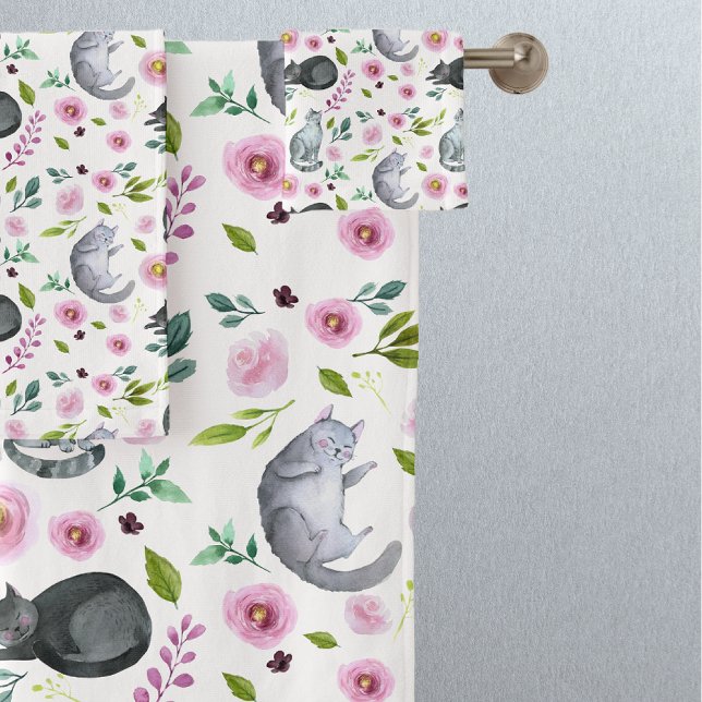 Cute Cat Pink Floral Pattern Bath Towel Set (Creator Uploaded)