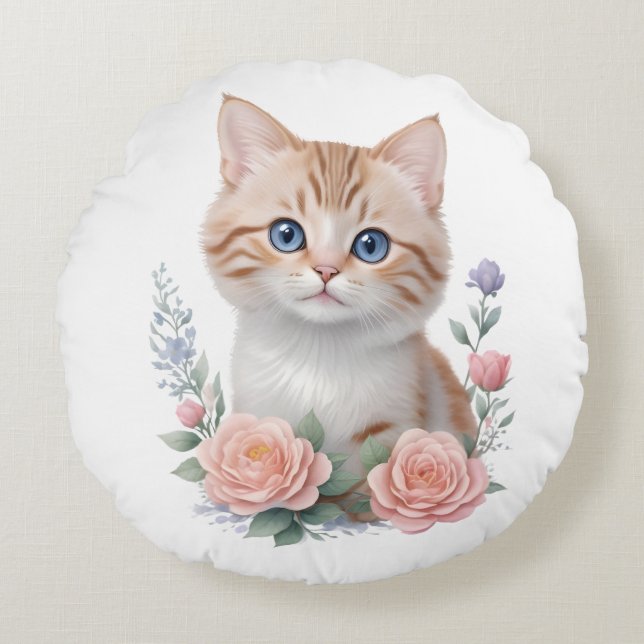 Cute Cat Pink Floral  Round Cushion (Front)