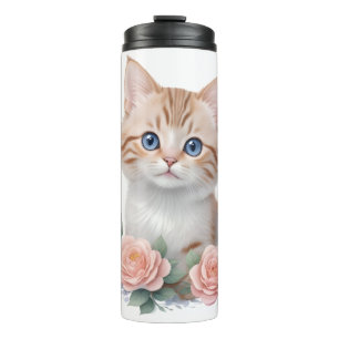 Cute Cat Pink Floral  Thermal Tumbler