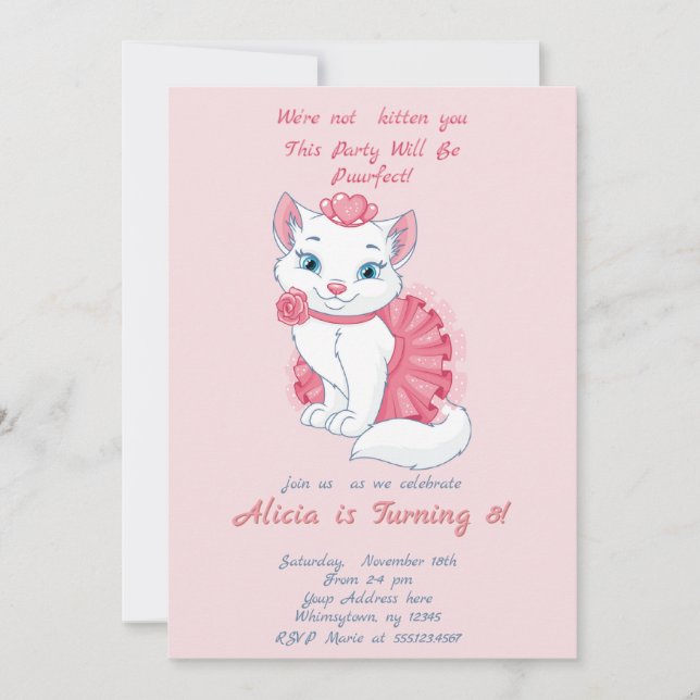 Cute cat pink girl birthday invitation. invitation (Front)