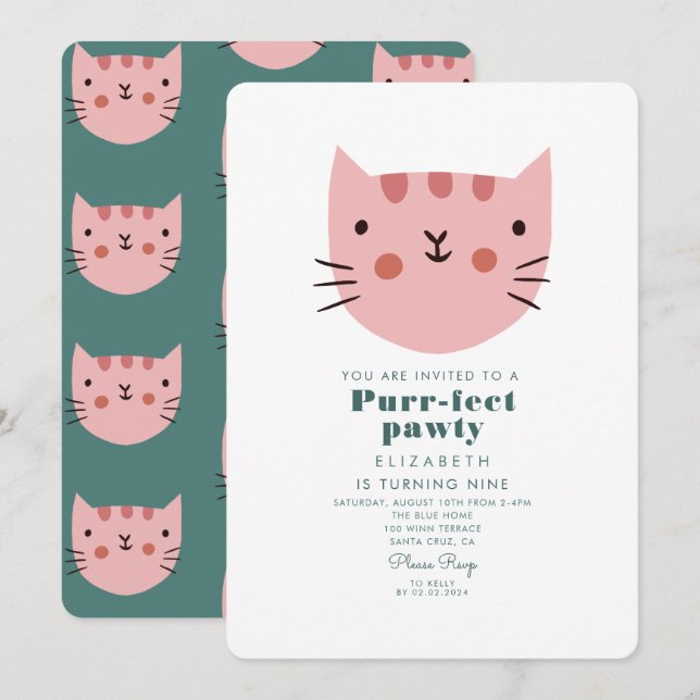Cute Cat Pink Green Birthday Party  Invitation (Front/Back)