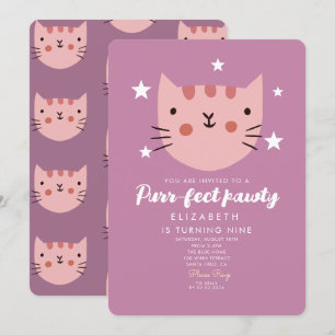 Cute Cat Pink Green Birthday Party Invitation
