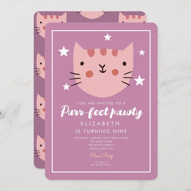 Cute Cat Pink Green Birthday Party  Invitation (Creator Uploaded)