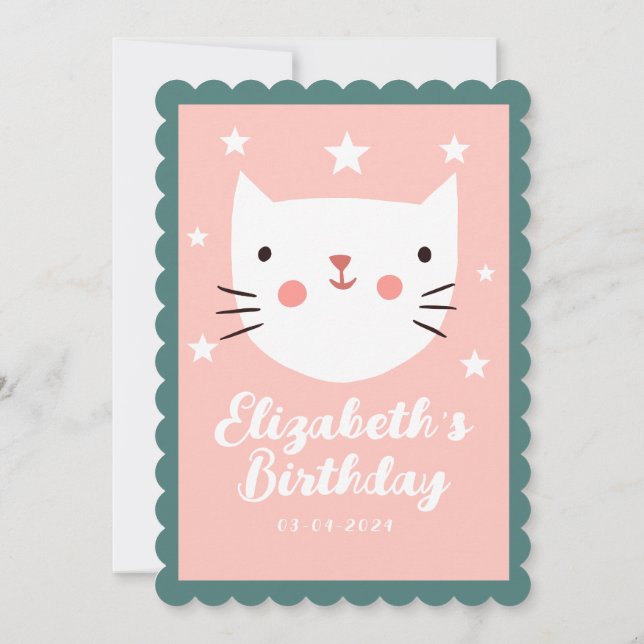 Cute Cat Pink Green Purple Stars Birthday  Invitation (Back)