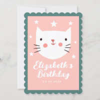Cute Cat Pink Green Purple Stars Birthday 