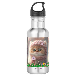 Cute Cat Pink Knit Har Scarf Floral Garden Custom 532 Ml Water Bottle
