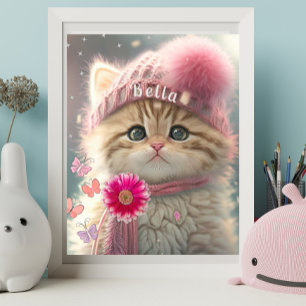 Cute Cat Pink Knit Scarf Hat Floral Personalised  Poster