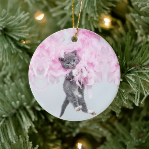 Cute Cat pink plume Ceramic Tree Decoration