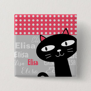 Cute cat pink polka dots personalised name 15 cm square badge